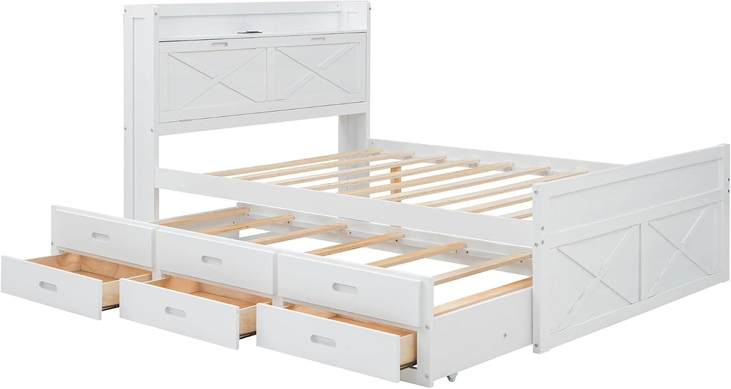 Full Size Captain Wooden Bed Frame with Storage Headboard & Outlets | Extendable Platform Bed with Twin Trundle & 3 Storage Drawers | Modern Farmhouse Bedroom Furniture Set (White, Full)