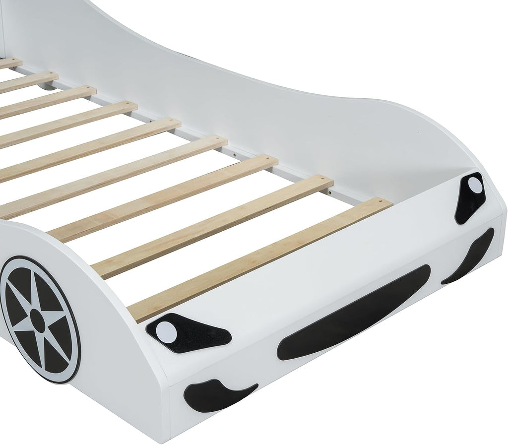 Race Car-Shaped Platform Bed with LED and Upholstered Backrest,Wood Bed Frame with Slat for Bedroom,No Box Spring Needed (White, Twin)