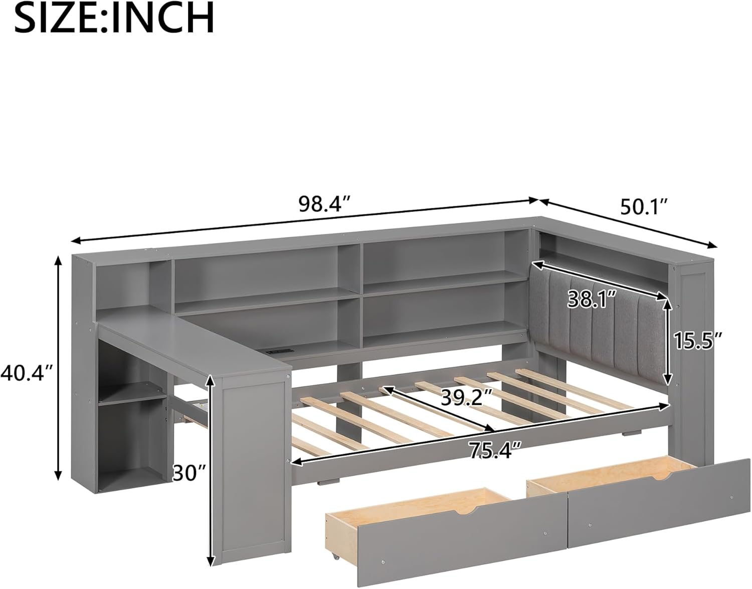 Twin Size Platform Bed with Storage Shelves and Drawers, Solid Wood Daybed with Charging Station, LED, Desk and Upholstered Headboard for Living Room Bedroom (Grey-JU11)