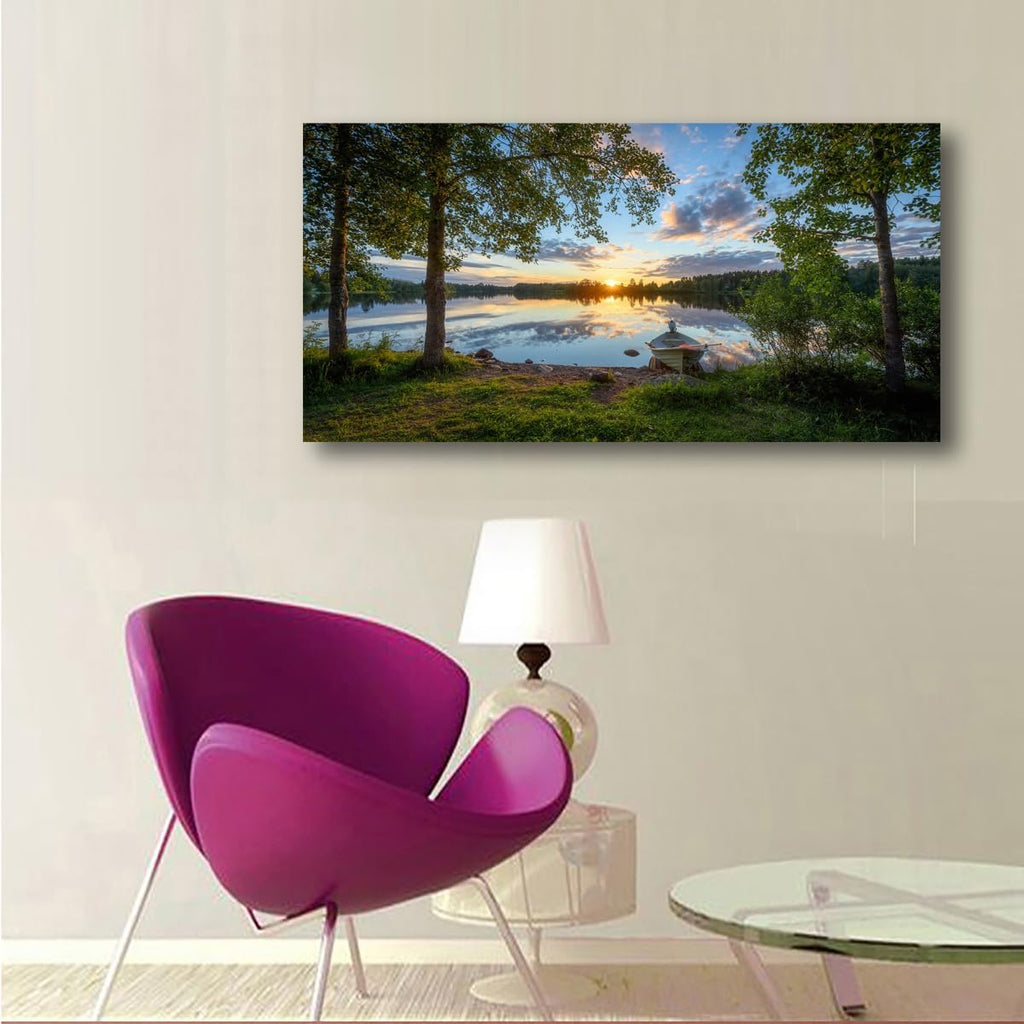 Tree Canvas Wall Art of a Sunrise Over a Forest Lake 28x57 inches Nature Inspired Painting Perfect for Wall Decoration in Living Room and Bedroom Trees and Landscape Picture Artwork Prints