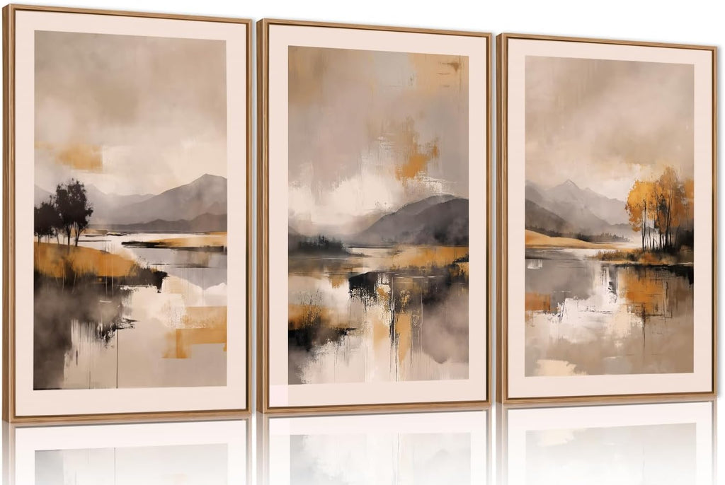 FWIEXA Abstract Landscape Neutral Canvas Wall Art Set, Beige Grey Mountain Framed Wall Decor, 3 Panel 24x36 Inches Watercoler Lake Artwork, Brush Stroke Forest Prints for Living Room, Office, Bedroom