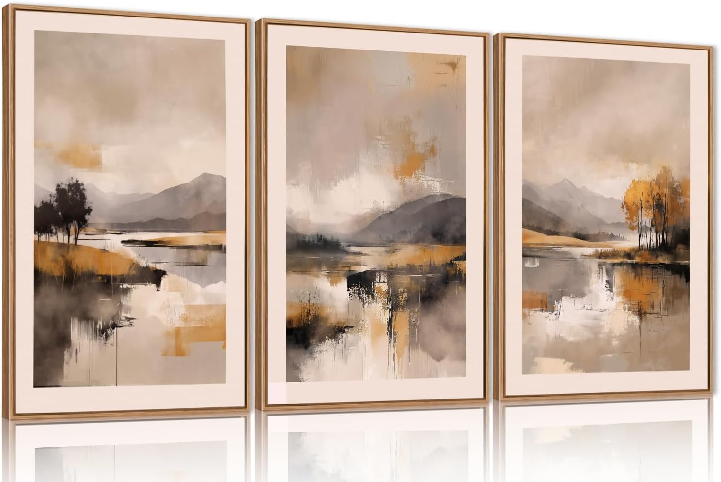 FWIEXA Abstract Landscape Neutral Canvas Wall Art Set, Beige Grey Mountain Framed Wall Decor, 3 Panel 24x36 Inches Watercoler Lake Artwork, Brush Stroke Forest Prints for Living Room, Office, Bedroom