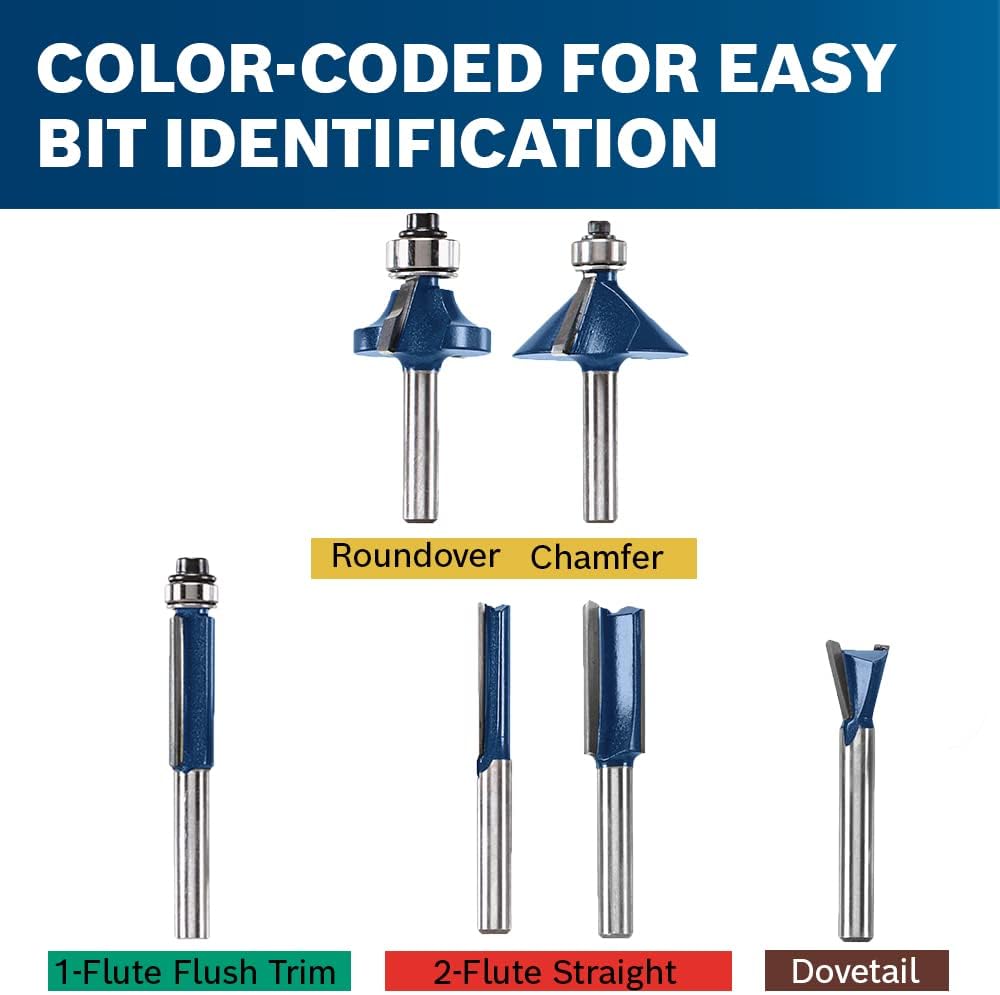 BOSCH RBS006 6-Piece 1/4 in. Shank Carbide-Tipped Multi-Purpose Router Bits Assorted Set with Included Storage Case for Applications in Straight, Trimming, Decorative Edging, Dovetail Joinery