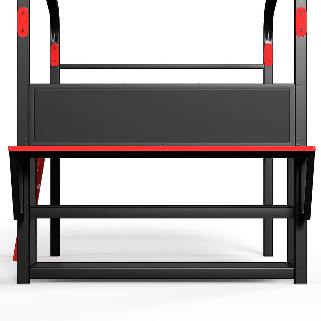 JIVOIT Full Size Metal Loft Bed with Built-in Side Desk, Gaming Style Metal Low Loft Bed with Storage Cabinets, Chic Canopy Design, Easy Assembly