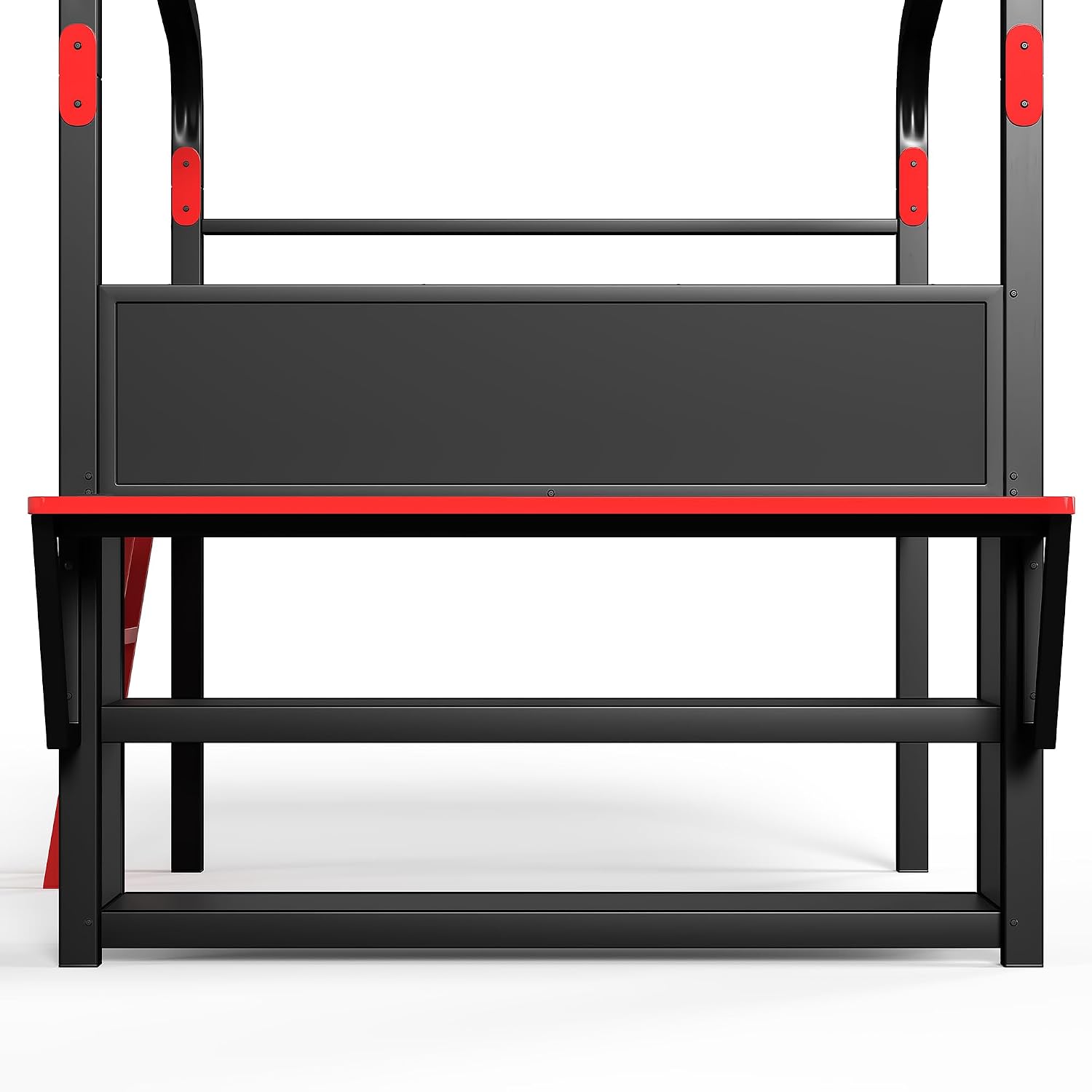 JIVOIT Full Size Metal Loft Bed with Built-in Side Desk, Gaming Style Metal Low Loft Bed with Storage Cabinets, Chic Canopy Design, Easy Assembly