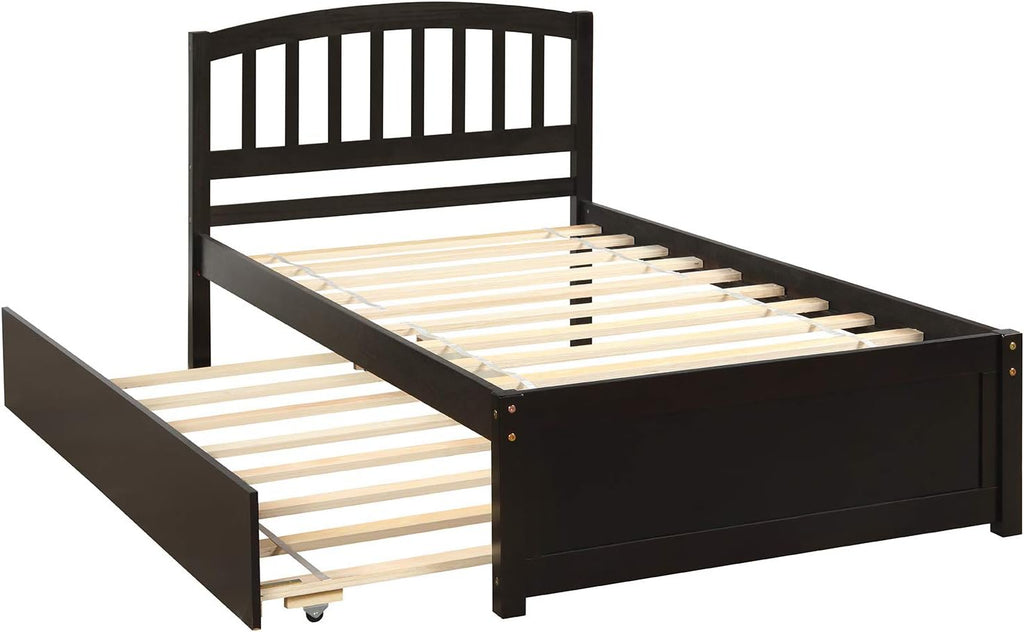 Modern Wood Platform Bed with Trundle and Headboard Classic Bed Frame No Box Spring Needed/Easy Assembly, Twin Espresso
