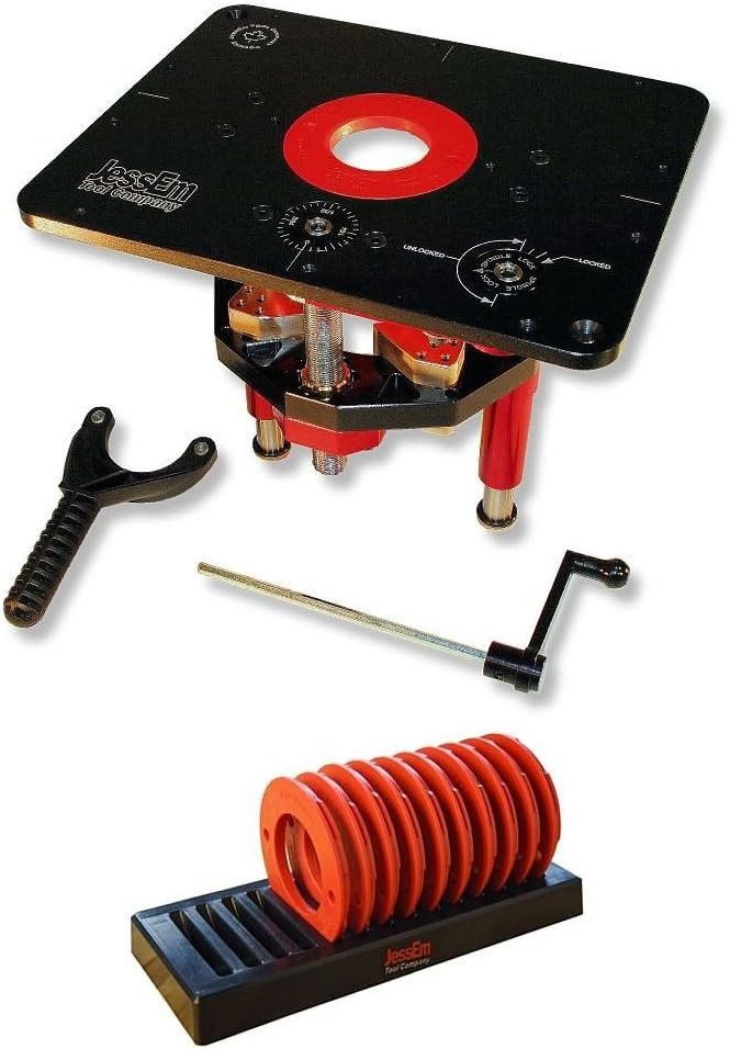 JessEm 02120 Mast-R-Lift II Router Lift with Top Plate and 10-Piece Insert Ring Kit with Caddy for Router Plates and Lift Systems (2 Items)