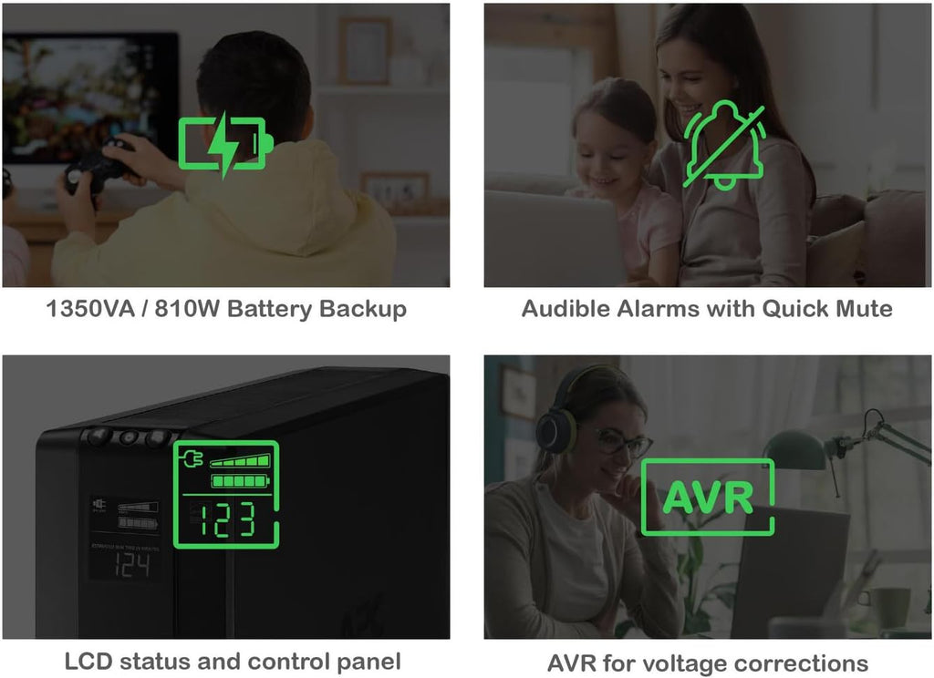 APC Back-UPS Pro 1350VA UPS, 810W Battery Backup & Surge Protector, AVR, 10 Outlets (NEMA 5-15R), LCD Display, BX1350M Uninterruptible Power Supply for Computers, Wi-Fi Router, Home Office Electronics