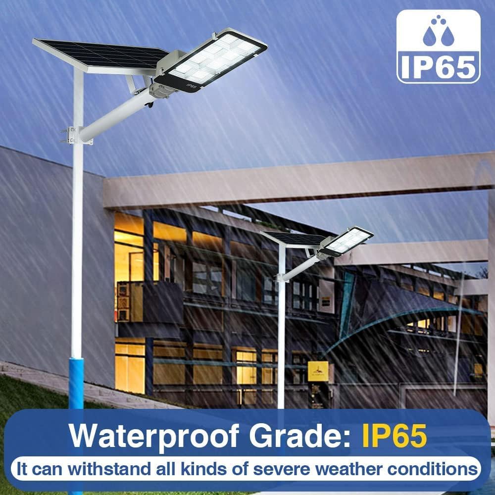 8000W LED Solar Street Lights Outdoor, Dusk to Dawn Security Flood Light with Remote Control & Pole, Wireless, Waterproof, Perfect for Yard, Parking lot, Street, Garden and Garage