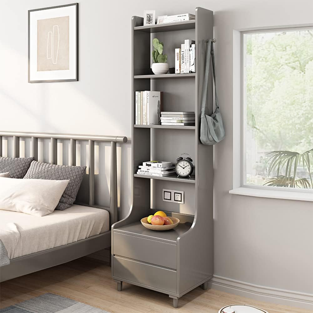IOTXY Grey Bedside Table Bookshelf - 71' Tall Free Standing Wooden Open Shelf Bookcase with Drawers and 4-Shelves for Bedroom, Bed Side End Table, Nightstand