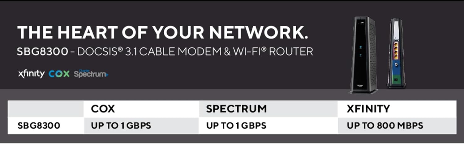 Arris (SBG8300-RB) - Cable Modem Router Combo - Fast DOCSIS 3.1 Gigabit & AC2350 WiFi,Comcast Xfinity, Cox, Spectrum & More, 1 Gbps Max Internet Speeds, 4 OFDM Channels - Renewed