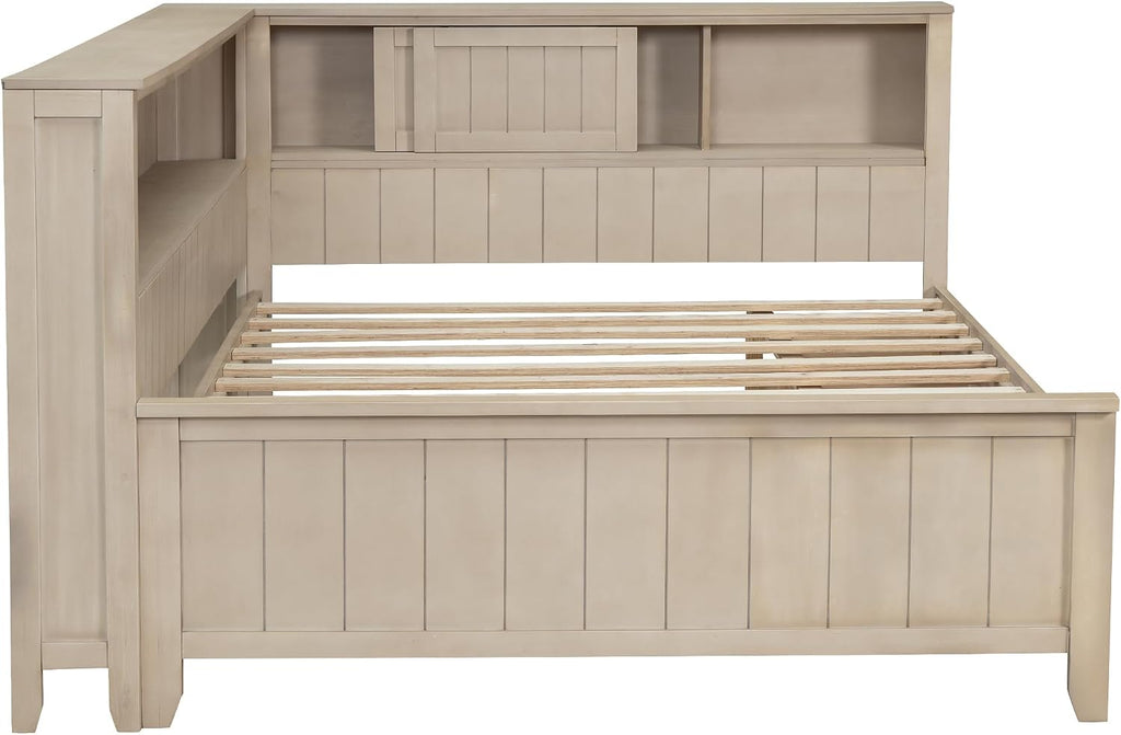 Full Size Lounge Daybed with Storage Shelves and 3 Drawers, Wooden Sofa Bed Frame with Slat Support for Apartment, Bedroom, Guest Room, No Box Spring Required