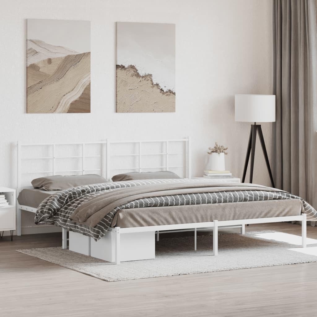 Metal Bed Frame with Headboard White King Size 76'x79.9' Steel Platform Bed Frame for Bedroom Furniture Durable Sturdy Design with Underbed Storage Space