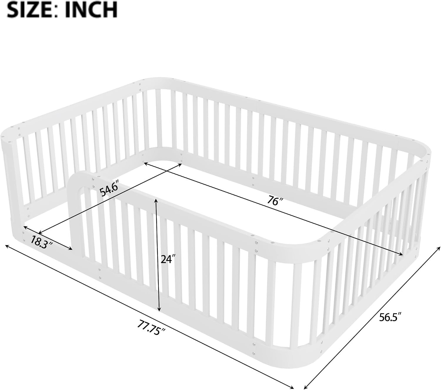 Floor Bed with No Slat, Wood Platform Bed Frame with Fence for Bedroom,No Needed Box Spring (White, Full)