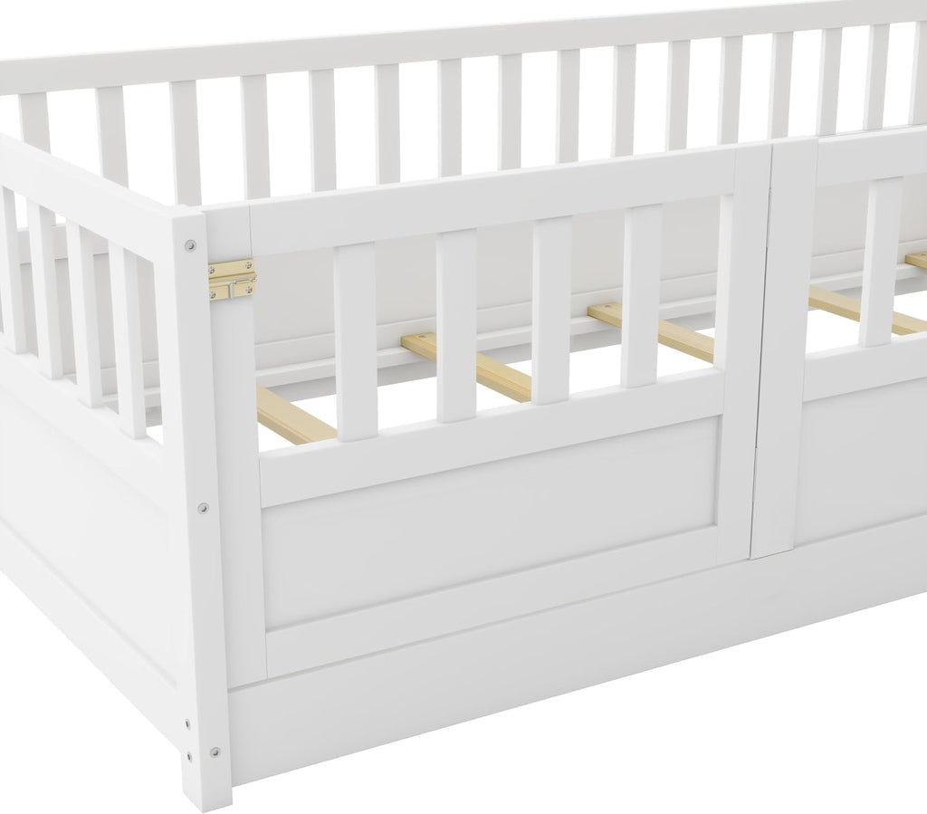 Twin Floor Bed with Slats and High Fence, Twin Size Montessori Floor Beds with Door, No Box Spring Needed, Easy Assemble Montessori Bed Frame(White Twin)
