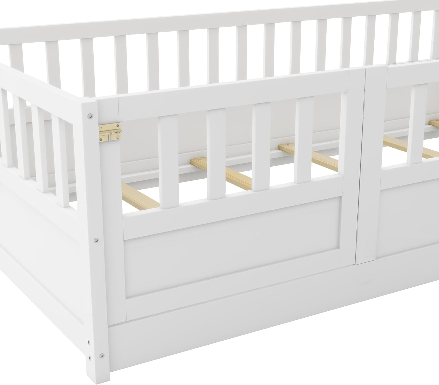 Twin Floor Bed with Slats and High Fence, Twin Size Montessori Floor Beds with Door, No Box Spring Needed, Easy Assemble Montessori Bed Frame(White Twin)