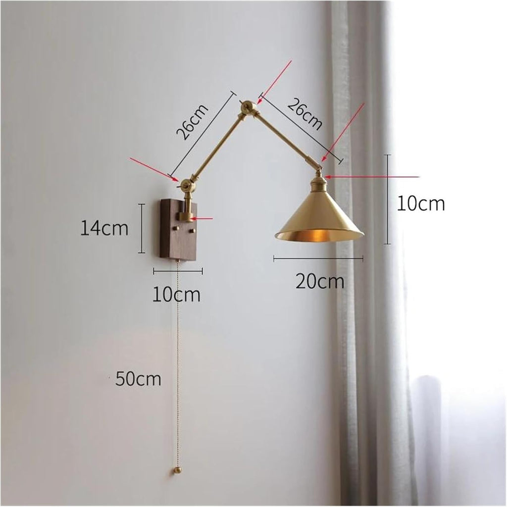 Wall Sconces, Pull Chain Switch LED Wall Light Fixtures Copper Long Arm Walnut Home Indoor Lighting Nordic Modern Wandlamp Luminaria(A)