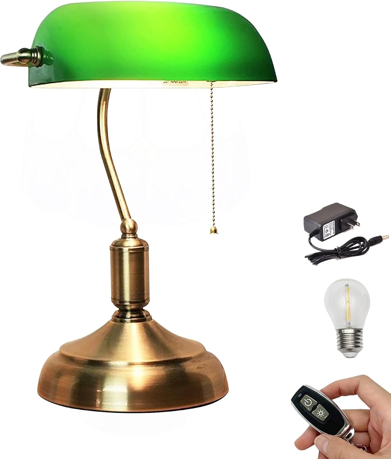 Kiven Cordless Bankers Table Lamp,1-Light Dimmable Bedside Lamps for Nightstand with Glass Lampshade, Vintage Rechargeable Desk Lamp for Reading Home Decor Bedside TD1117
