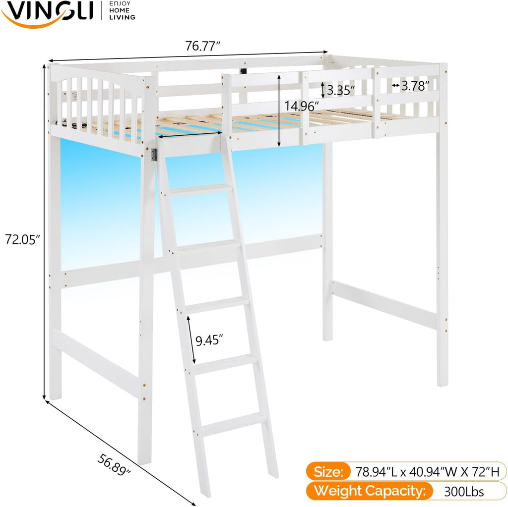 VINGLI Loft Bed Twin Size with USB Charging Station/LED, Solid Wood Single Loft Bunk Bed with Flat Rungs for Kids/Teens/Adults, 15 inches High Guardrail,Wood Slat Support No Box Spring Needed, White