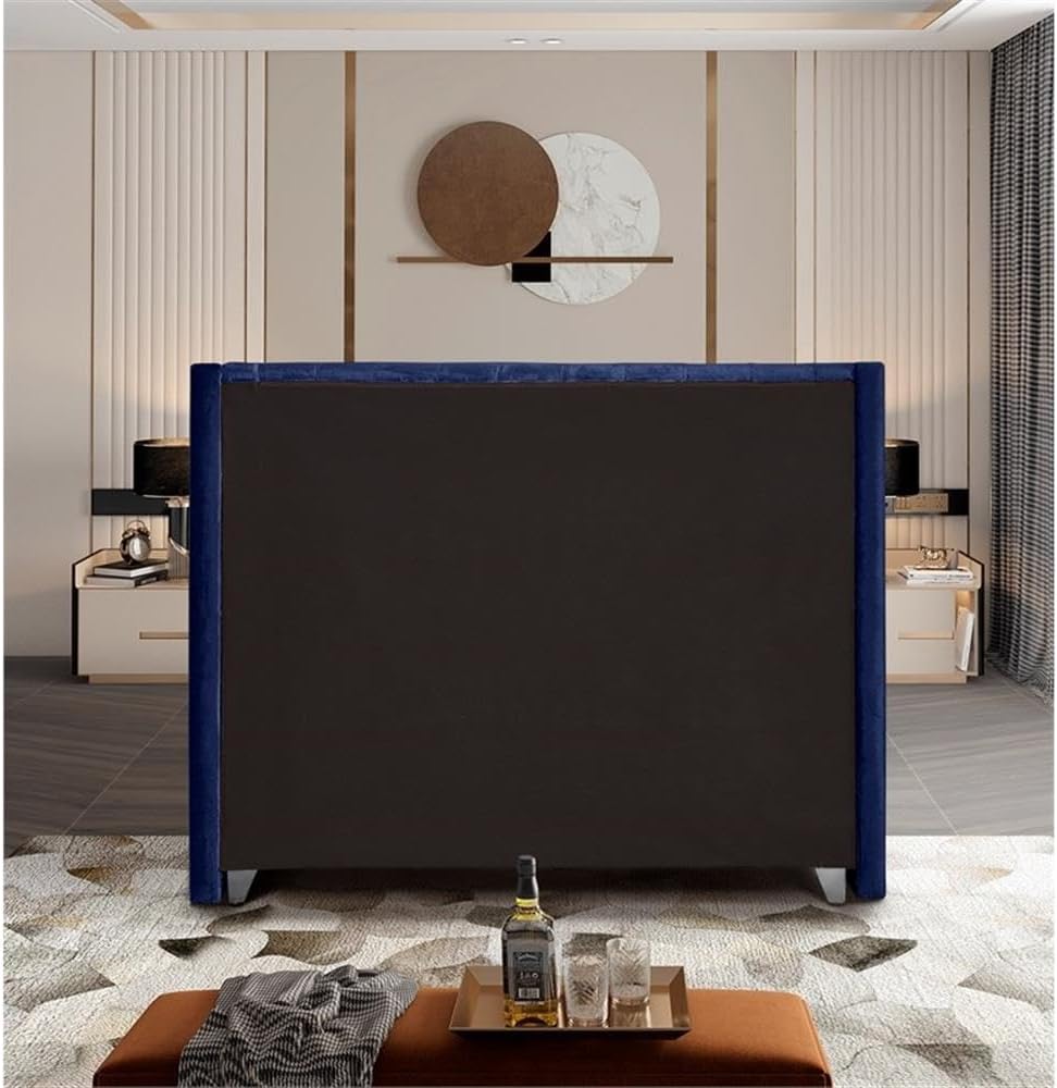Meridian Furniture Aiden Collection AidenNavy-K Modern | Contemporary Velvet Upholstered Bed with Deep Button Tufting, Solid Wood Frame, and Custom Chrome Legs, King, Navy, 88' W x 86' D x 56' H