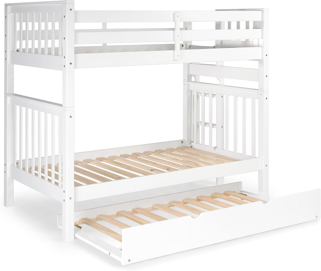 Bedz King Tall Bunk Beds Twin Over Twin Mission Style, End Ladder, Twin Trundle, White