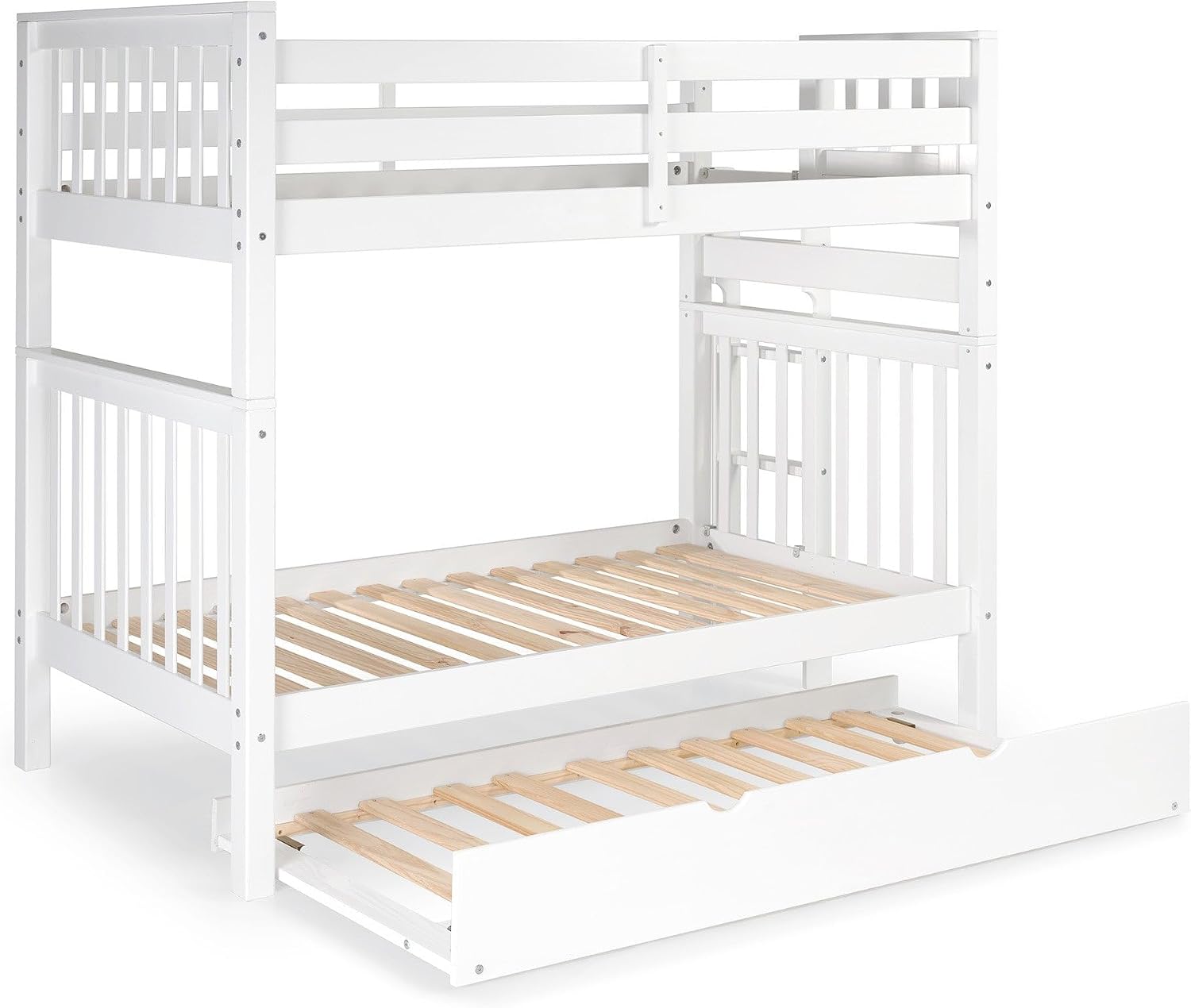 Bedz King Tall Bunk Beds Twin Over Twin Mission Style, End Ladder, Twin Trundle, White