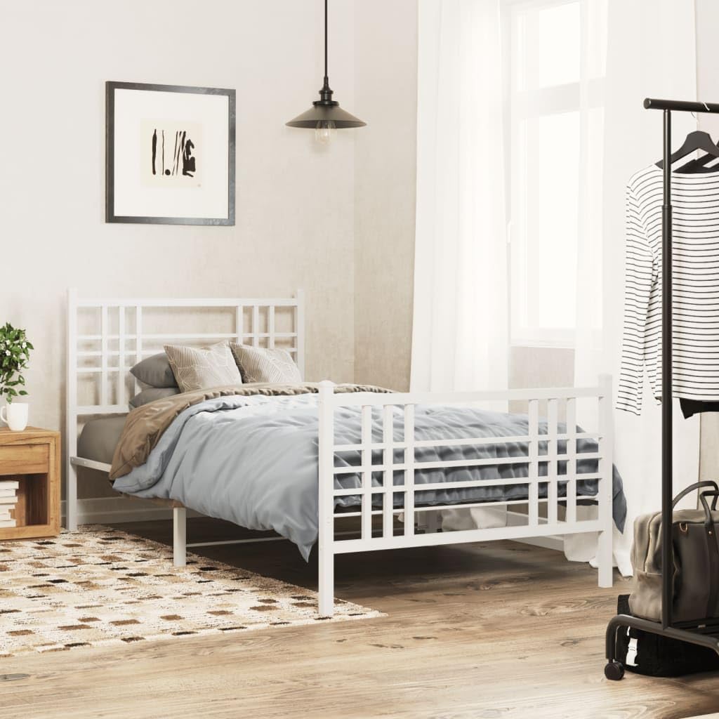 Metal Bed Frame with Footboard White Steel Platform Bed Frame 39.4'x78.7' Heavy Duty Storage Underbed Space for Queen Twin Mattress Bedroom Furniture