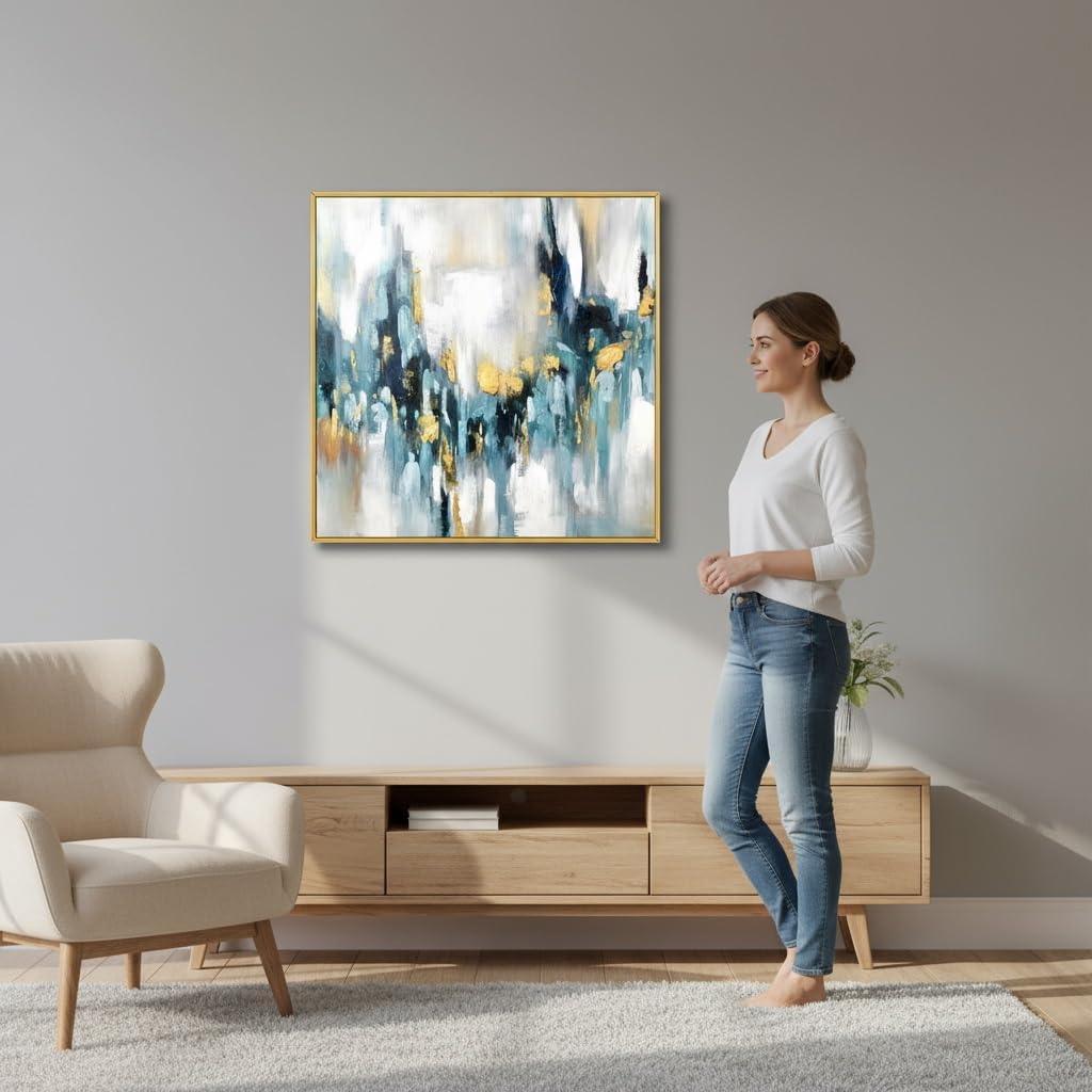 Large Blue and Gold Abstract Wall Art for Office. Hand-Painted Abstract Oil Painting for Living Room. Framed Blue Wall Painting Contemporary for Bedroom Home Decoration Ready to Hand 40x40inches