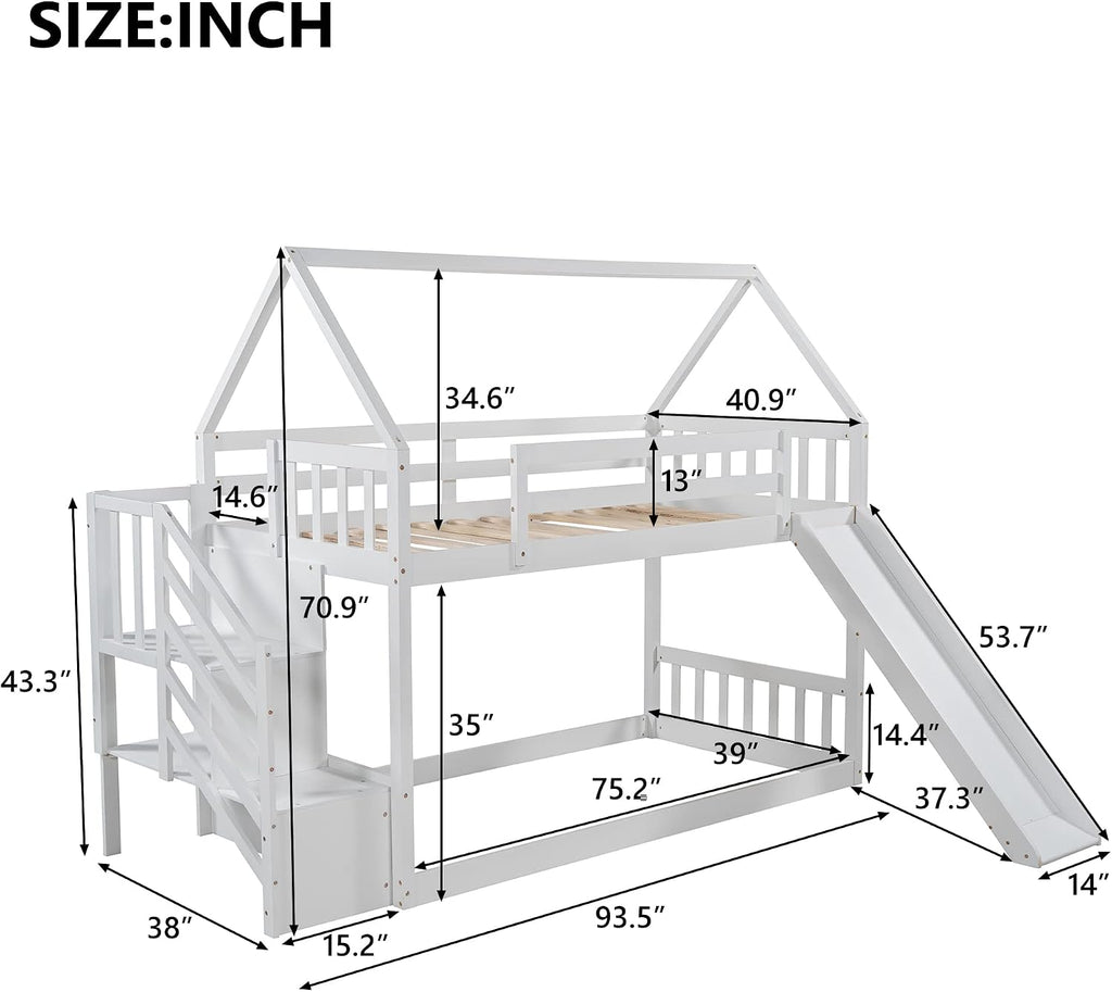 Twin Over Twin Bunk Bed with Slide for Kids Toddlers, House Bunk Bed Farm with Storage Steps and Roof Guardrail for Girls/Boys, No Spring Box Required (White-Storage Steps#2)
