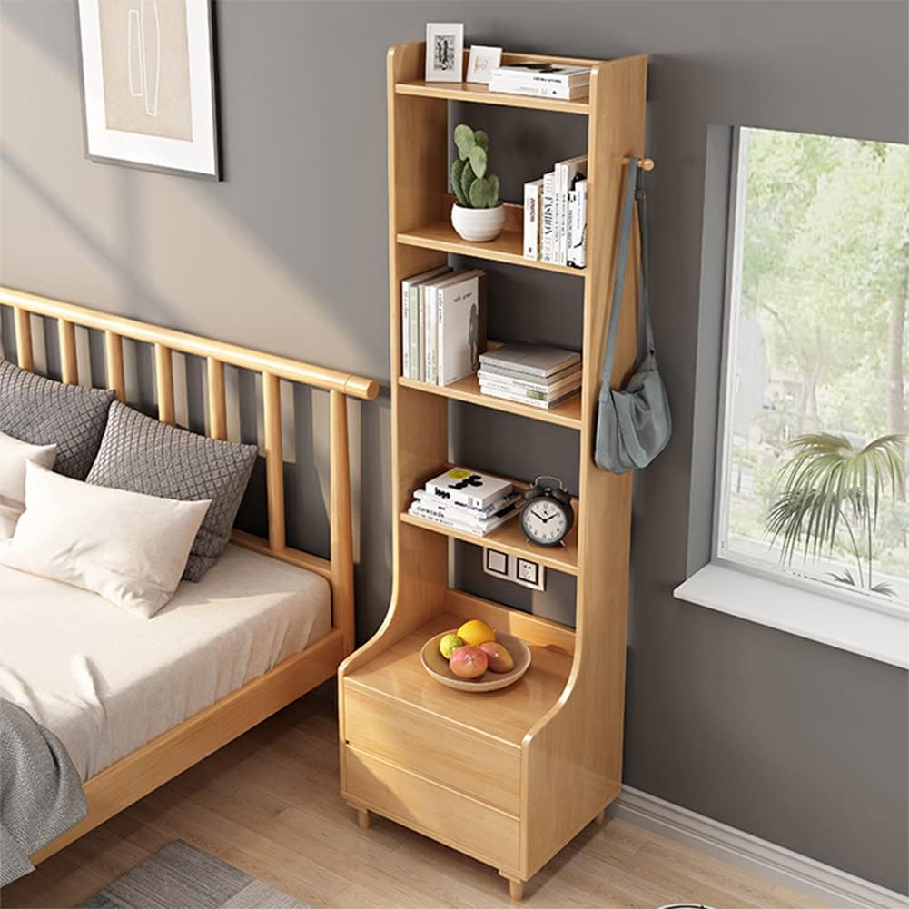 IOTXY Oak Bedside Table Bookshelf - 71' Tall Free Standing Wooden Open Shelf Bookcase with Drawers and 4-Shelves for Bedroom, Bed Side End Table, Nightstand