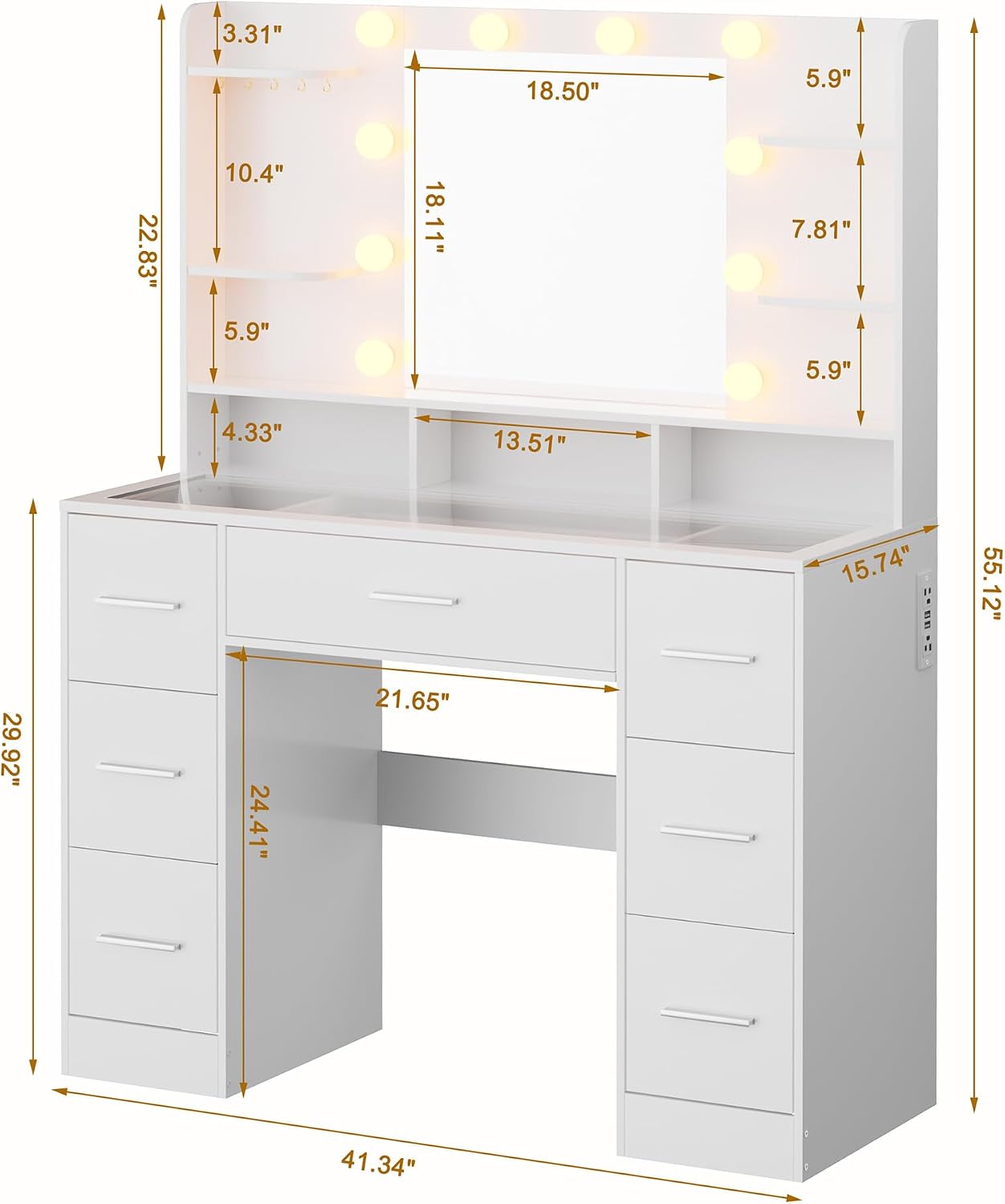 ERLEJIA Vanity Desk with Mirror and Lights, Large Glasstop Makeup Vanity Desk with 7 Drawers and Power Outlet, 6 Open Shelves, White