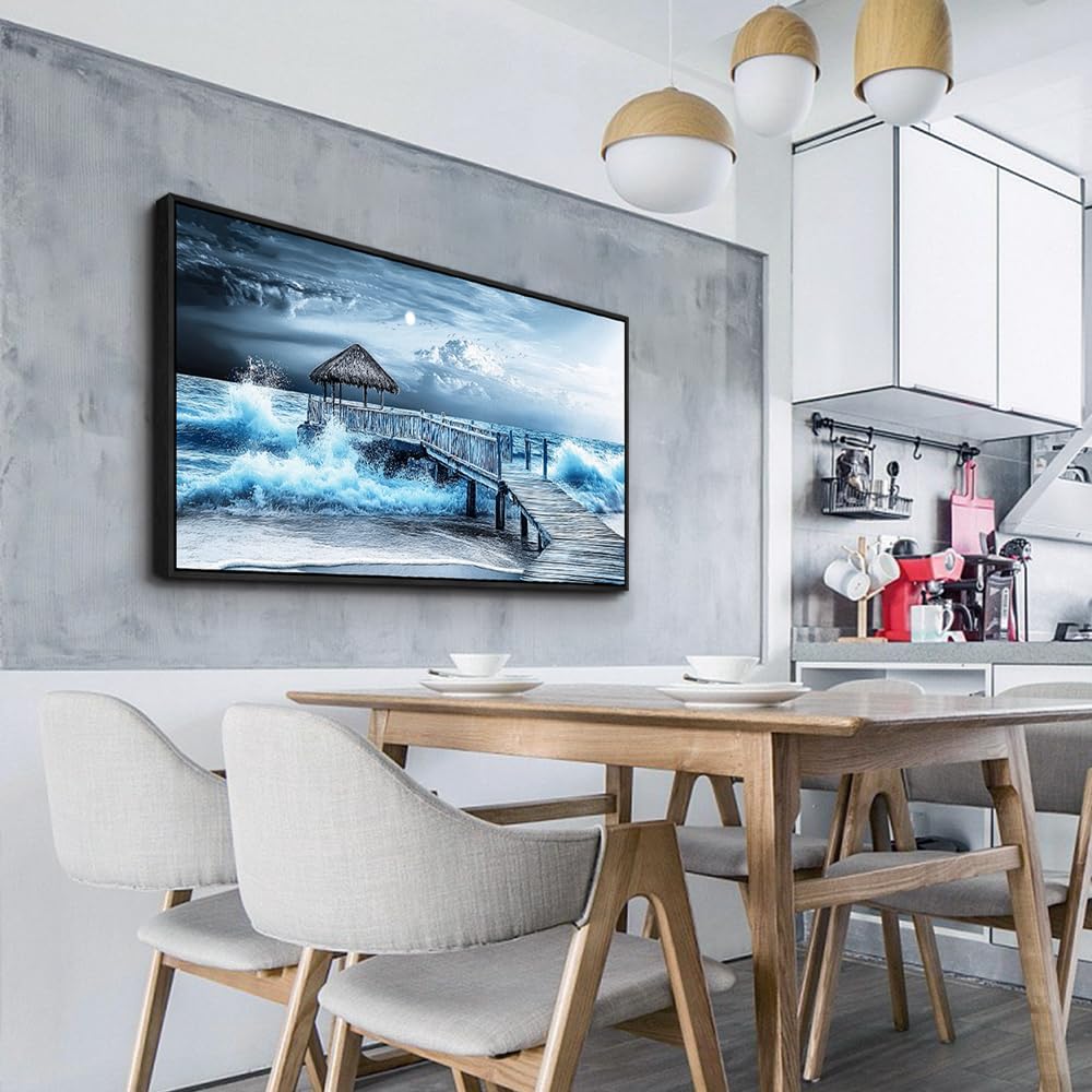 ERQINHUA Large Canvas Wall Decor For Living Room Wall Art For Bedroom Office Wall Decorations Black Frame Blue Wave Landscape Painting Artwork For Modern Stretched and Framed Beach Posters 24'X48'