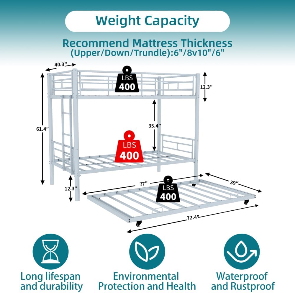 Twin Over Full Metal Bunk Bed, with Ladder & Full-Length Guardrail for Teens Adults, Noise Free (White + Metal + Twin)