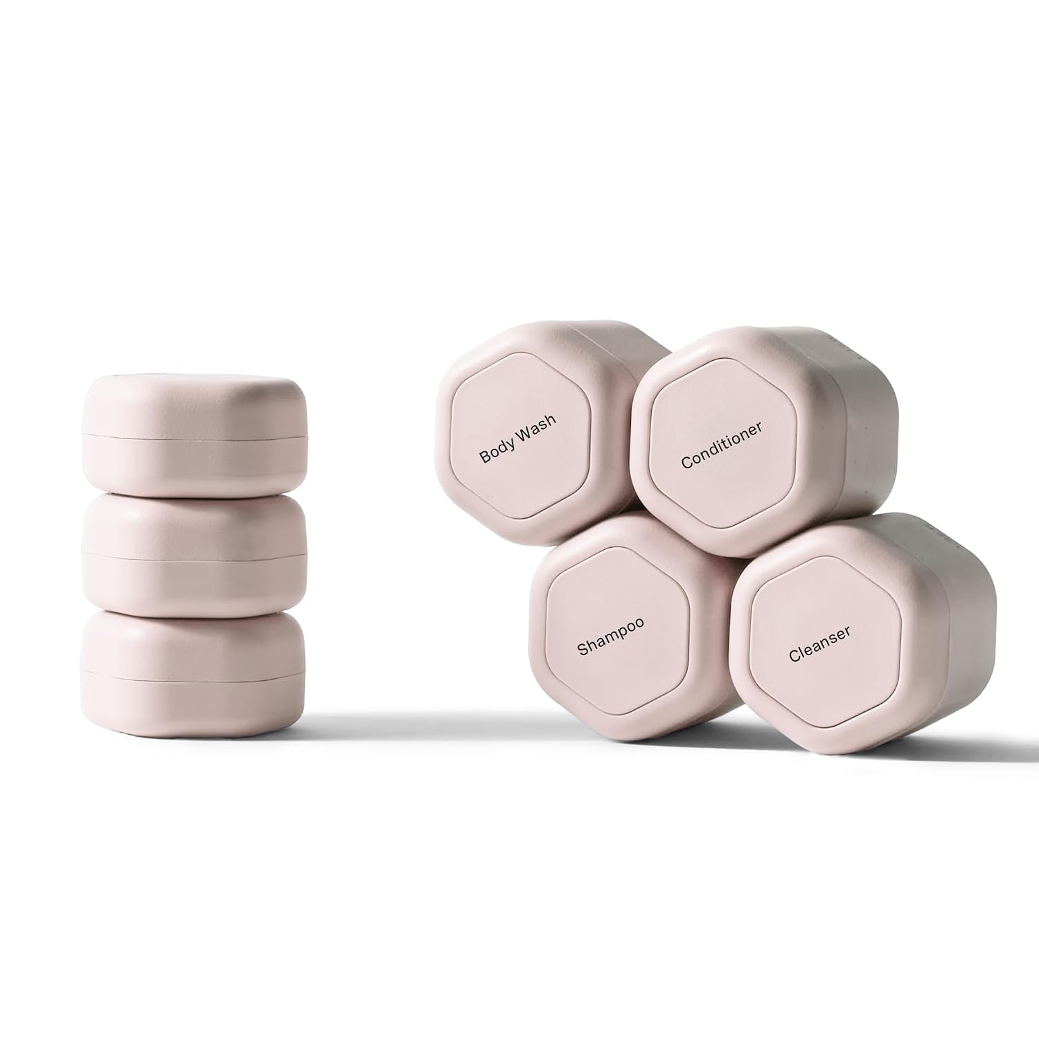 Cadence Travel Containers - Daily Routine Capsule Set - Magnetic Containers with Lids,4 Flex Mediums (1.32oz) & 3 Flex Smalls (0.56oz) - Shampoo, Conditioner, Body Wash, Pills, & More - Petal