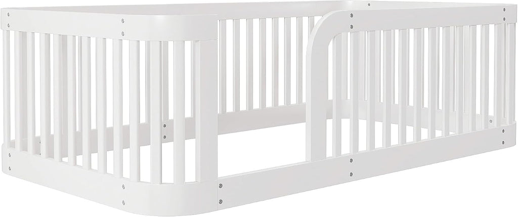 Floor Bed with No Slat, Wood Platform Bed Frame with Fence for Bedroom,No Needed Box Spring (White, Twin)