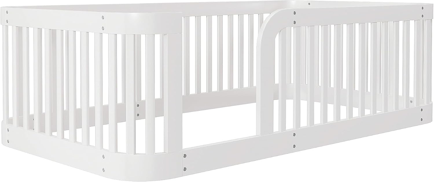 JIVOIT Twin Size Floor Bed Frame with Fence, Wood Montessori Floor Bed with Safety Guardrail, Easy Assembly (White/124)