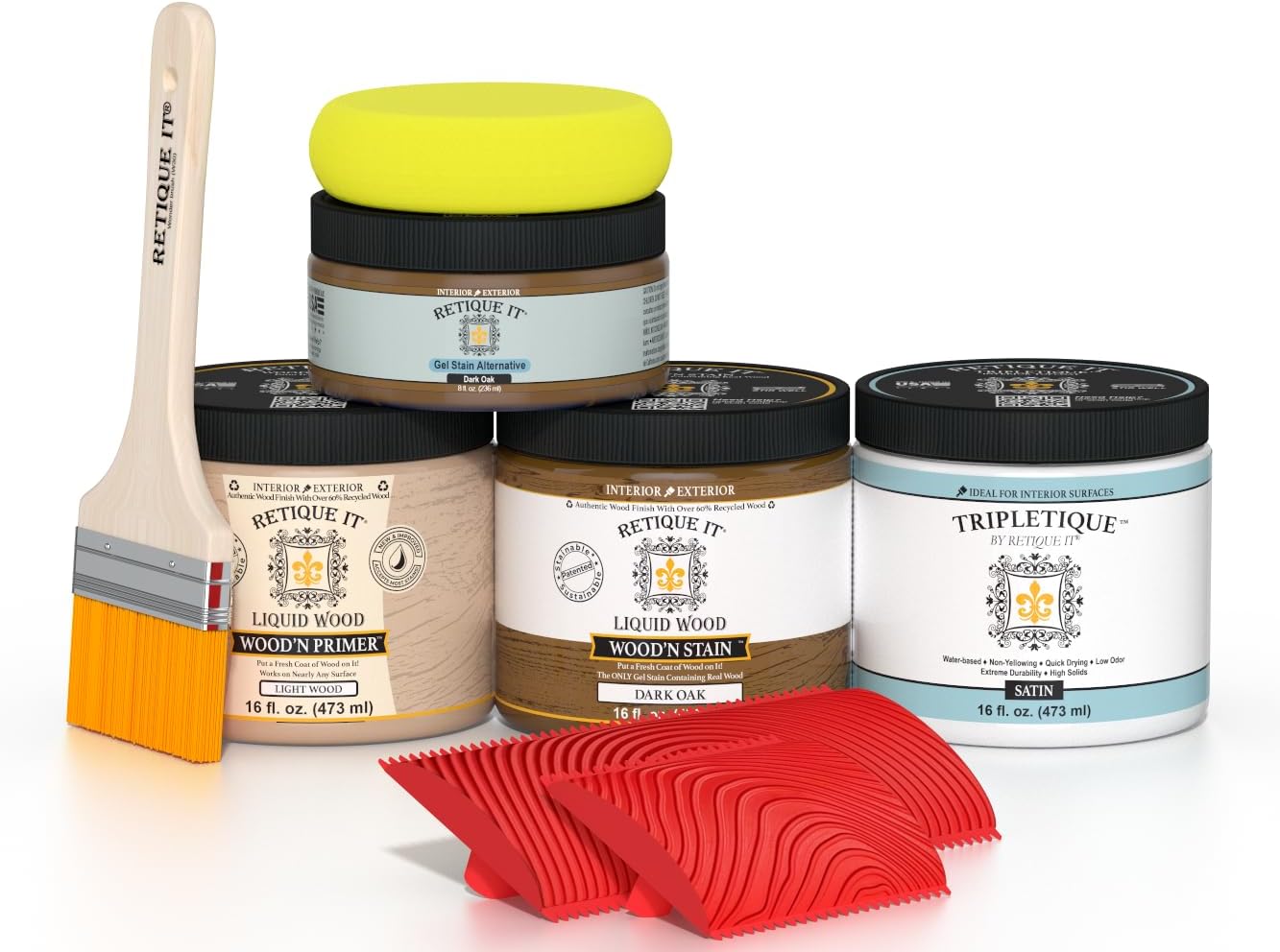 Retique It Wood Finish Countertop Kit – GO Beyond Faux Wood with Paintable Liquid Wood Based Primer and Gel Stain - Graining Tools Included (Countertop Kit, Dark Oak)