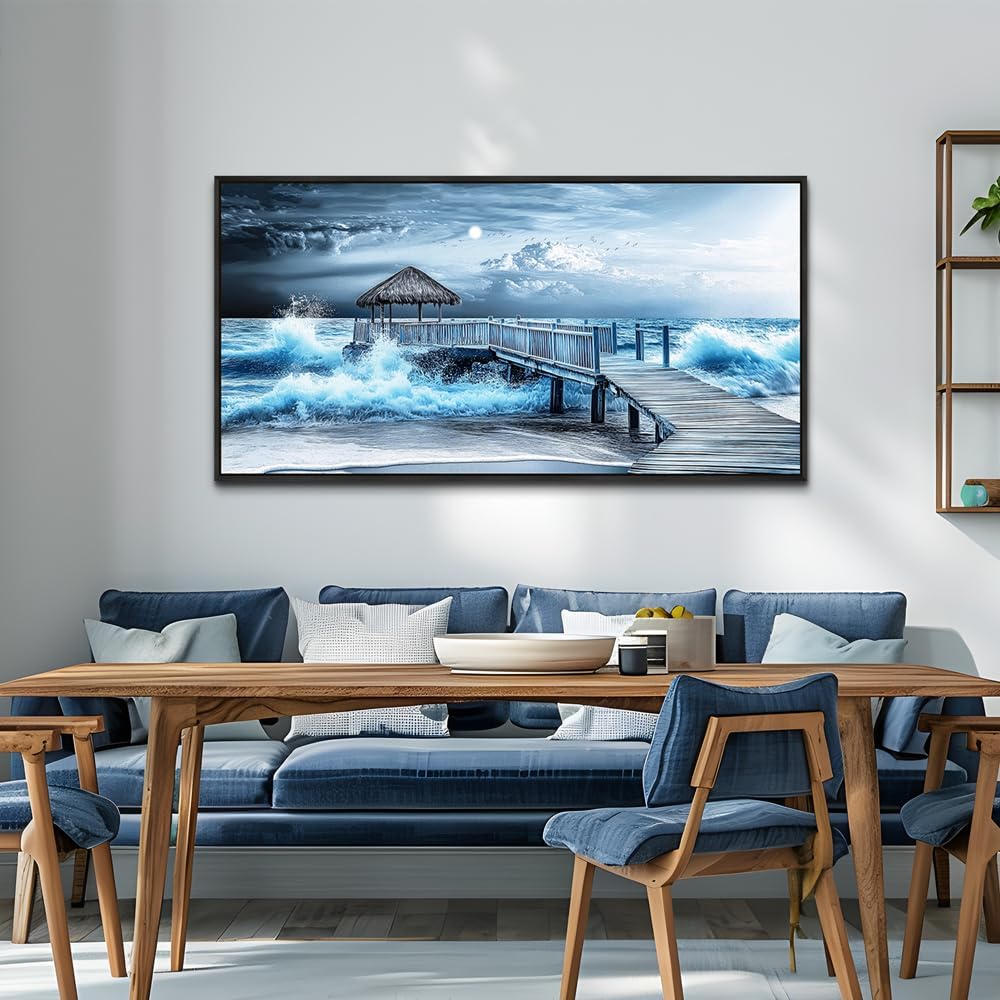 ERQINHUA Large Canvas Wall Decor For Living Room Wall Art For Bedroom Office Wall Decorations Black Frame Blue Wave Landscape Painting Artwork For Modern Stretched and Framed Beach Posters 24'X48'
