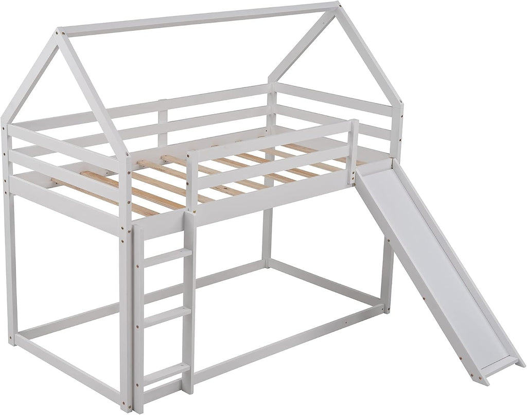 Bunk Bed for Kids Toddlers, Twin Over Twin House Shape Bunk Beds Frame with Slide, Can be Decorated Tent, Boys Girls Bedroom Dormitory Furniture (White-House Shape)