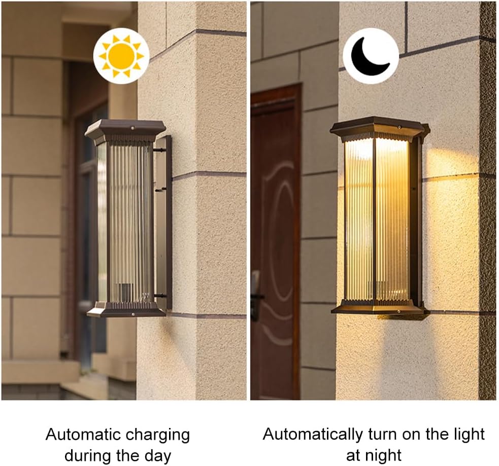 Solar Wall Light Outdoor Lantern Wall Sconce Waterproof Front Porch Lamp Exterior Wall Mount Lighting Fixture with Ribbed Glass for Patio Garage Garden Barn Yard House