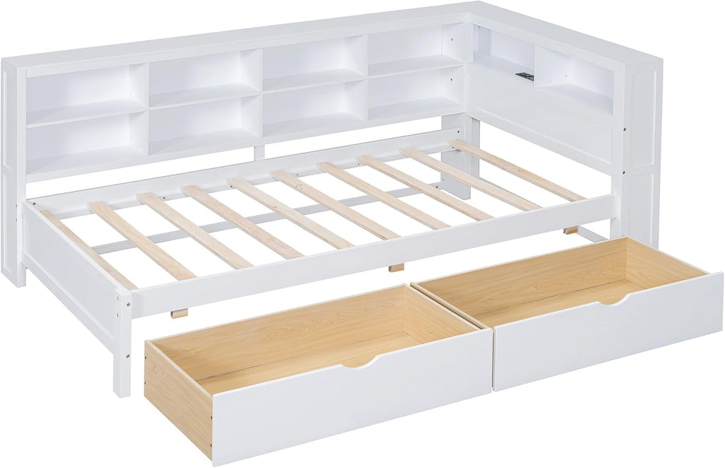 Twin Size Daybed with 2 Drawers,Minimalist Wooden Sofa Bed Frame with Storage Shelf and USB Charging Ports for Bedroom, Studyroom, Guestroom, Livingroom (White-wd56)