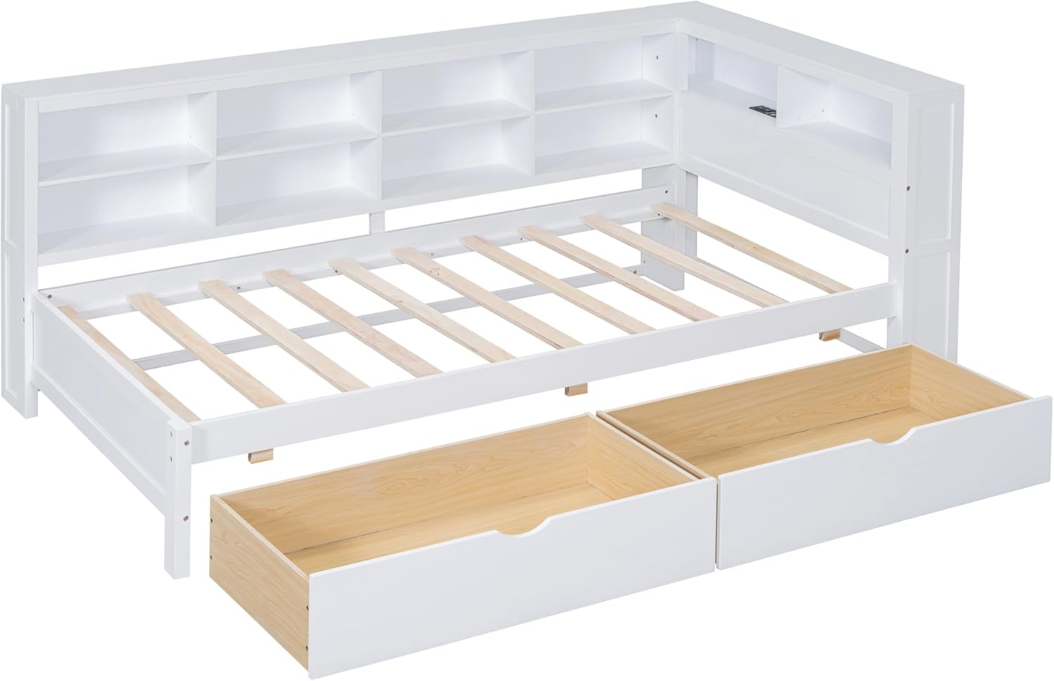 Twin Size Daybed with 2 Drawers,Minimalist Wooden Sofa Bed Frame with Storage Shelf and USB Charging Ports for Bedroom, Studyroom, Guestroom, Livingroom (White-wd56)