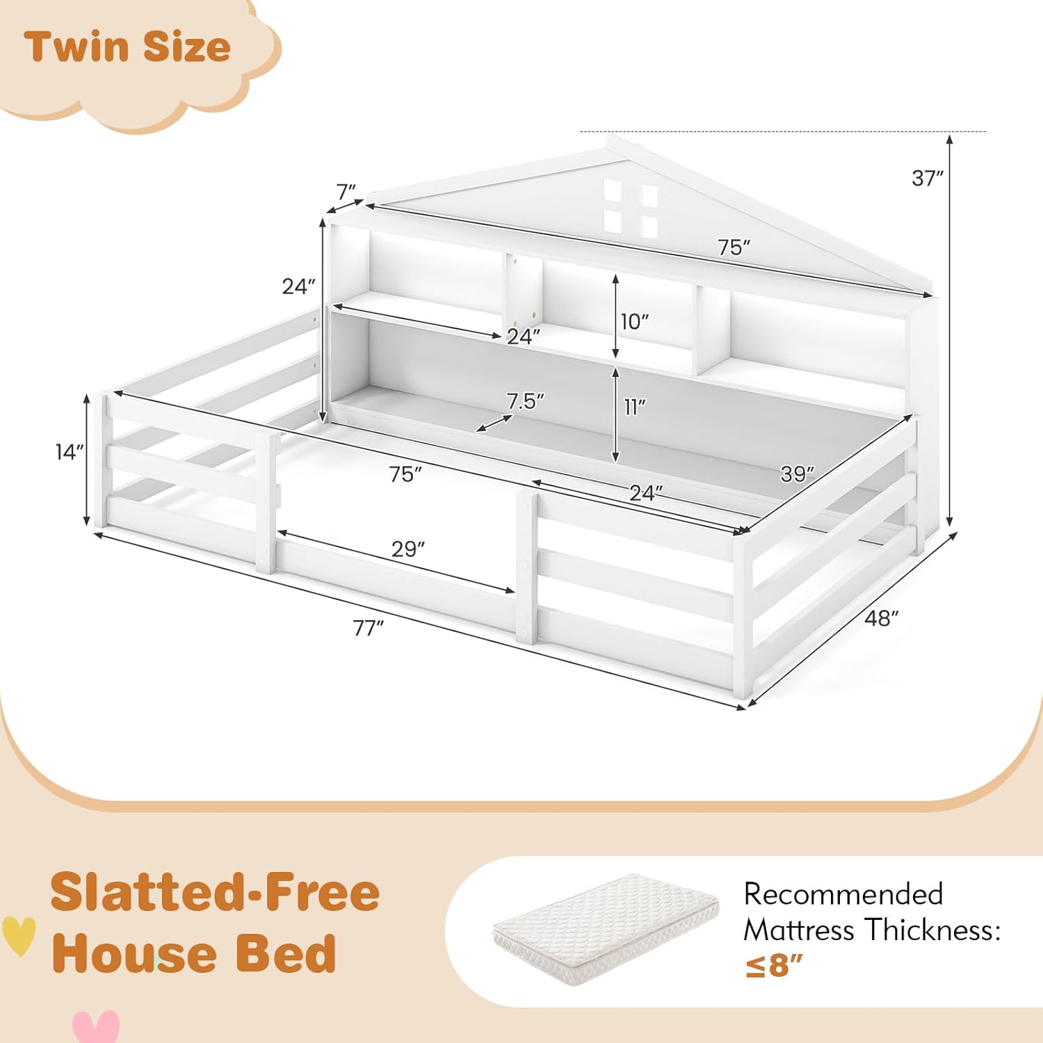 Giantex Twin Size Montessori Floor Bed with LED Lights, 2-in-1 Wooden House Bed Frame with Safety Guardrails, Storage Compartments & Shelf, No Box Spring Needed, Without Slats, White