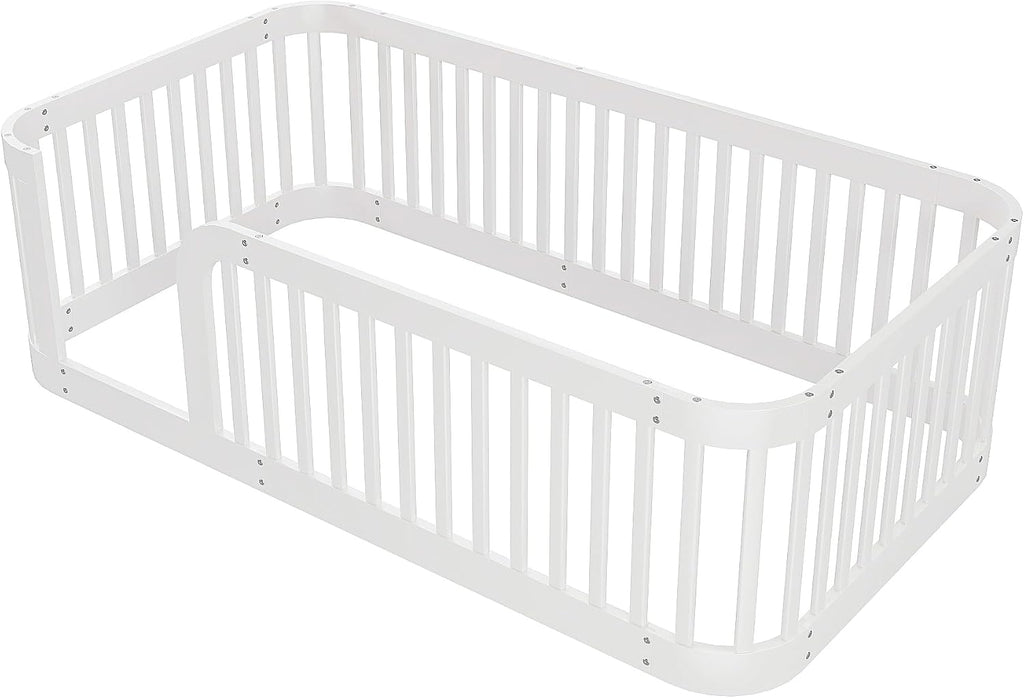 JIVOIT Twin Size Floor Bed Frame with Fence, Wood Montessori Floor Bed with Safety Guardrail, Easy Assembly (White/124)