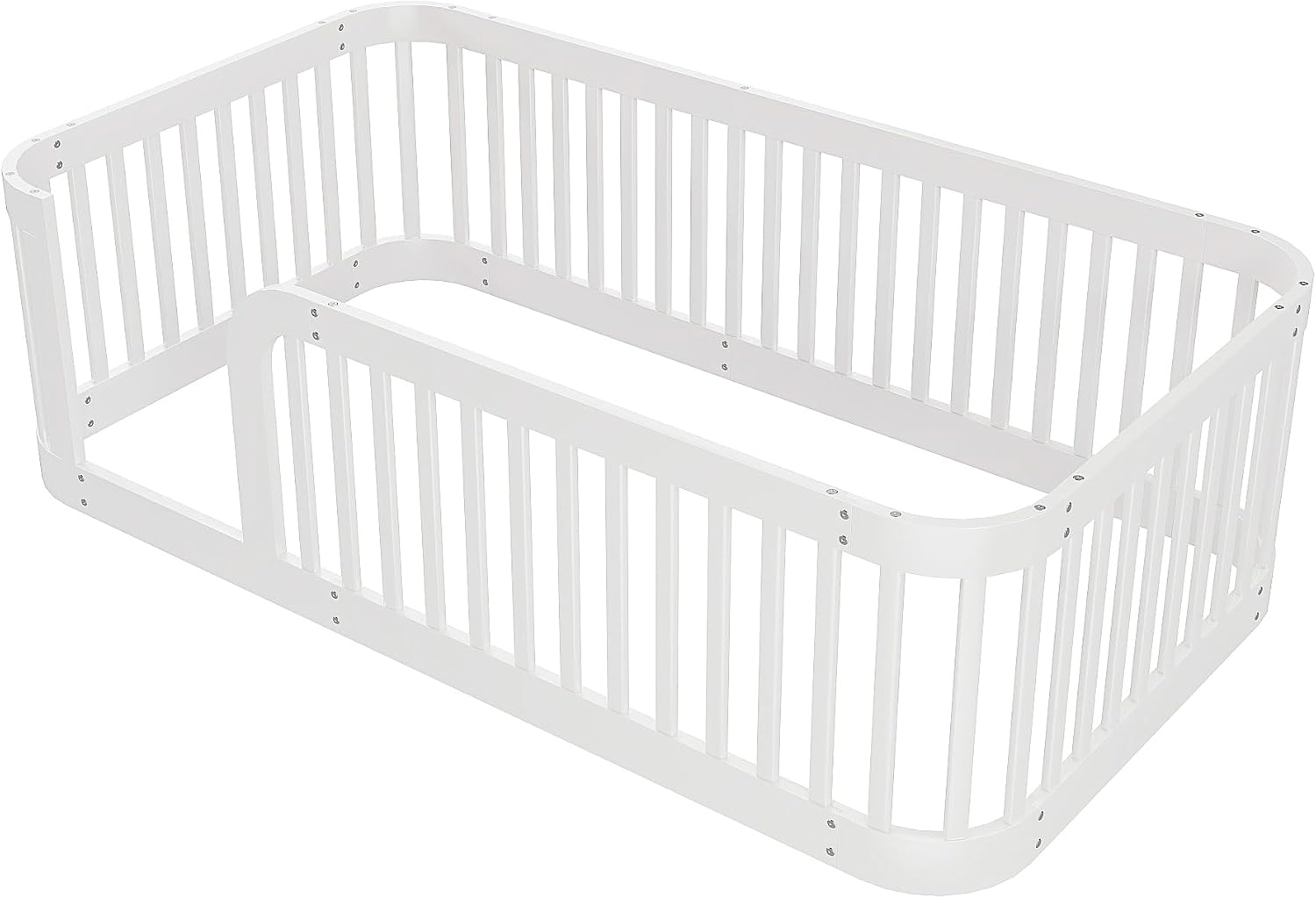 JIVOIT Twin Size Floor Bed Frame with Fence, Wood Montessori Floor Bed with Safety Guardrail, Easy Assembly (White/124)