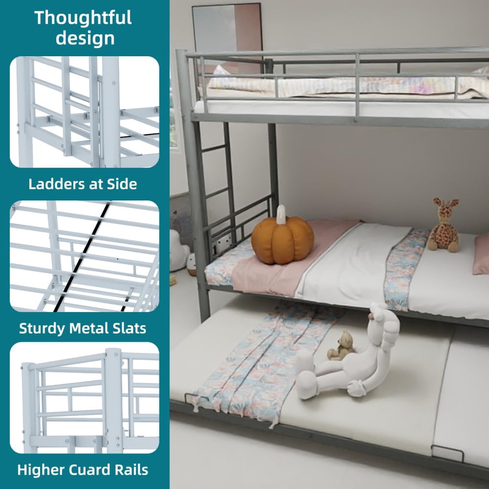 Twin Over Full Metal Bunk Bed, with Ladder & Full-Length Guardrail for Teens Adults, Noise Free (Silver + Metal + Twin)