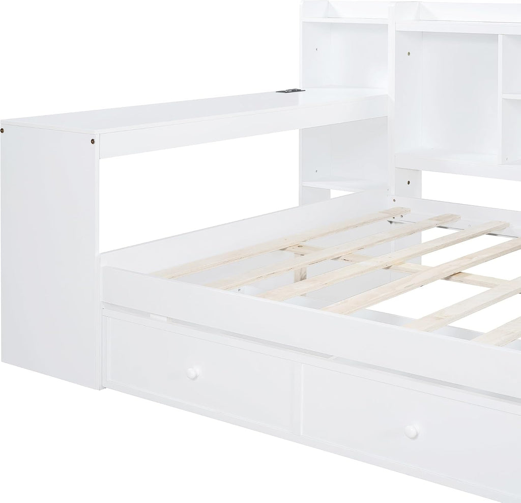 Full Size Daybed with Storage Shelves and Study Desk, Wooden Daybed Sofa Bed Frame with 3 Drawers and USB Ports for Office Living Room Bedroom, Maximize Space (White-22U)