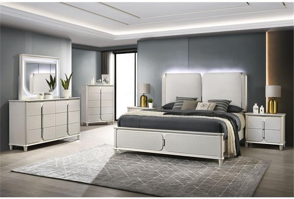 BOWERY HILL Wood Queen Bed with LED Lighting, Light Gray Boucle Headboard, Pearl White Finish, Acrylic Legs, Contemporary Style, Slat System, 91'L x 64'W x 62'H, Modern Bedroom Furniture
