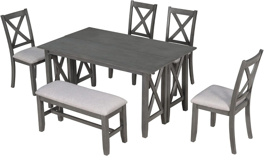 LUMISOL Foldable Kitchen Table Set with Bench and Chairs for 6, 6 Piece Dining Room Table Set with Upholstered Seating and Folding Table