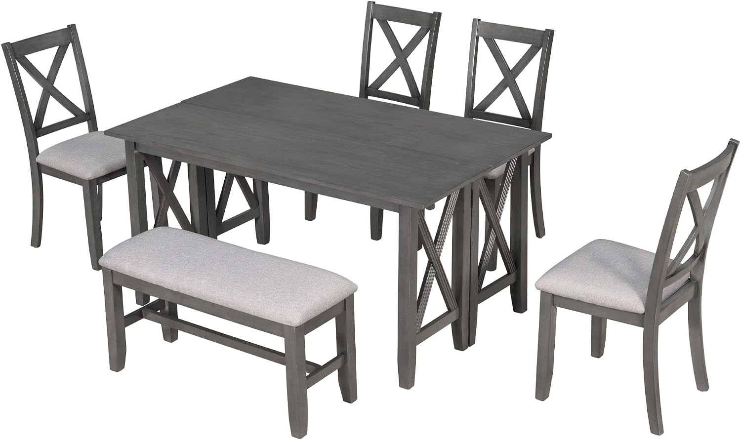 LUMISOL Foldable Kitchen Table Set with Bench and Chairs for 6, 6 Piece Dining Room Table Set with Upholstered Seating and Folding Table